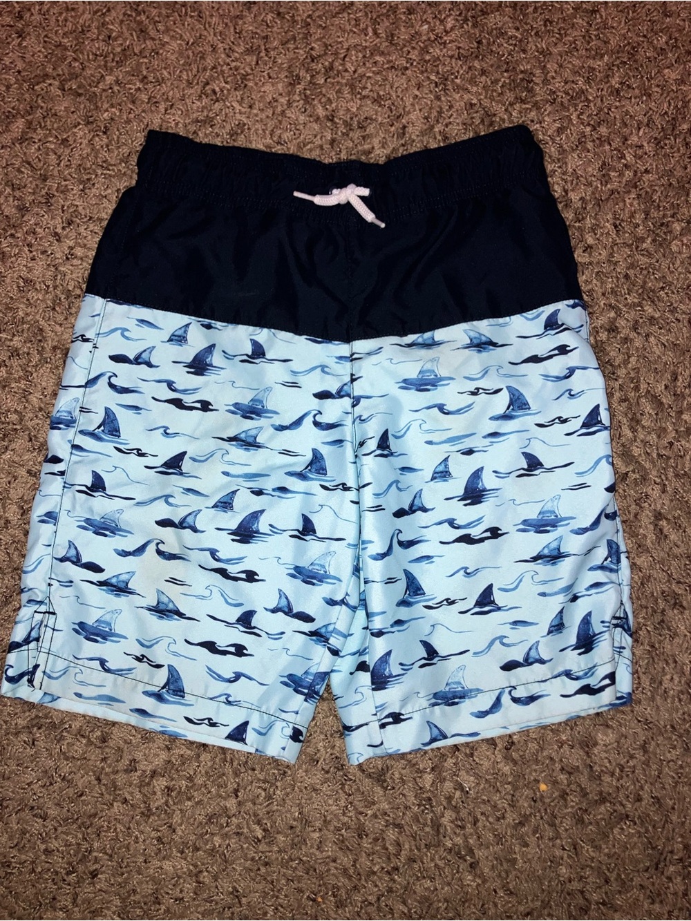 Boys Light Blue Shark-Print Swim Trunks with Navy Waistband